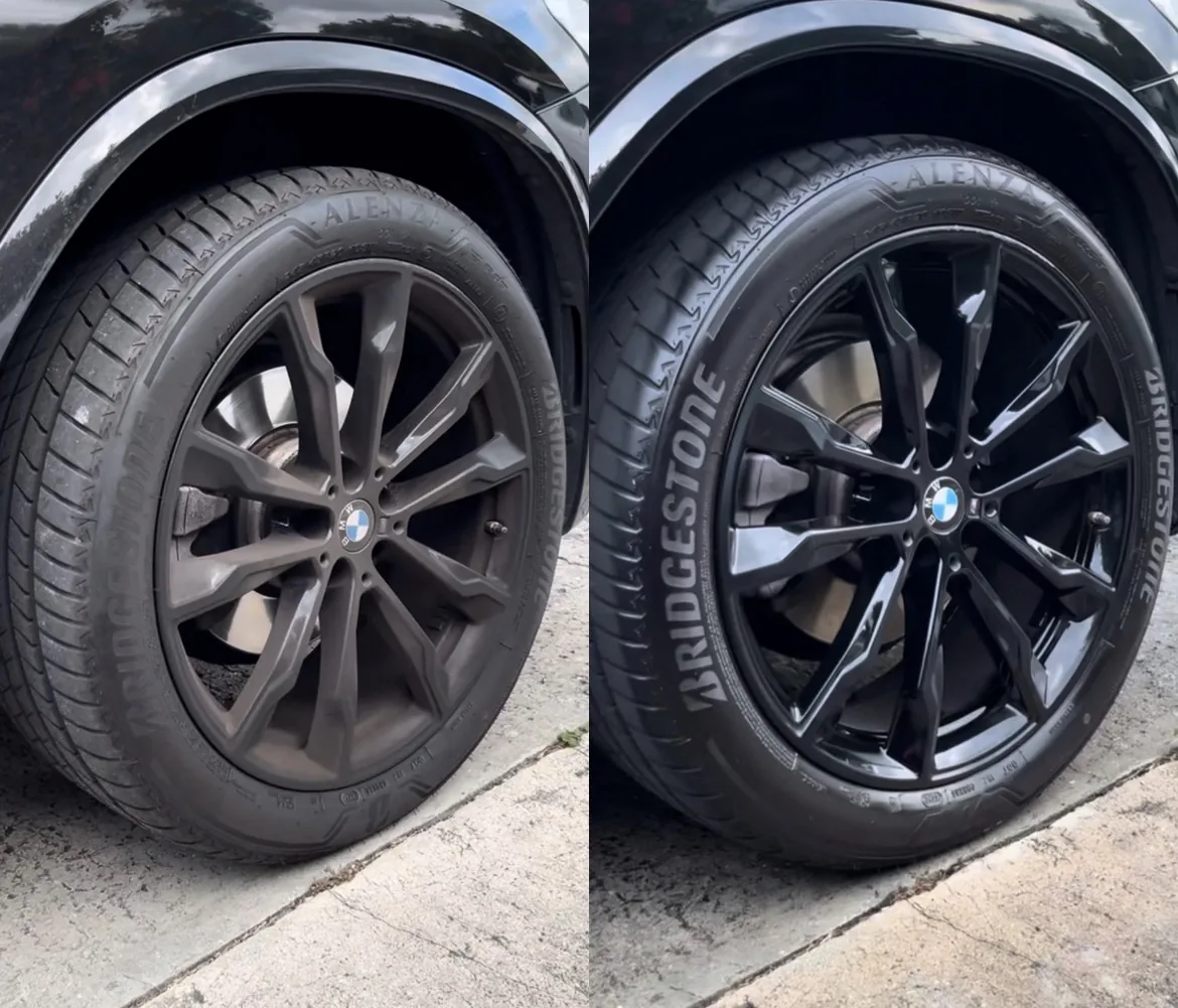 Before and after wheel & tire detailing on a BMW X3 — mobile car detailing in West Palm Beach