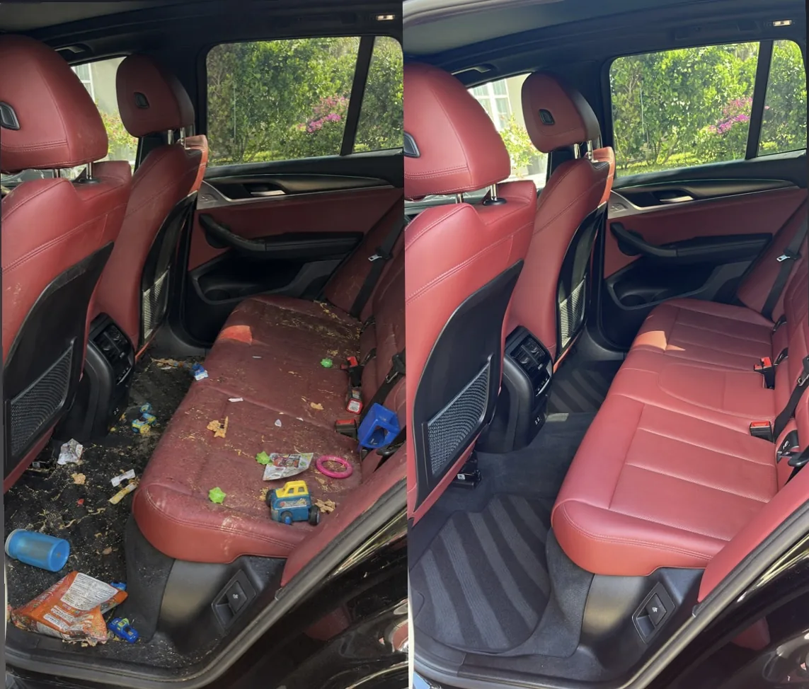 Before and after interior detailing on a BMW X3 — mobile car detailing in West Palm Beach
