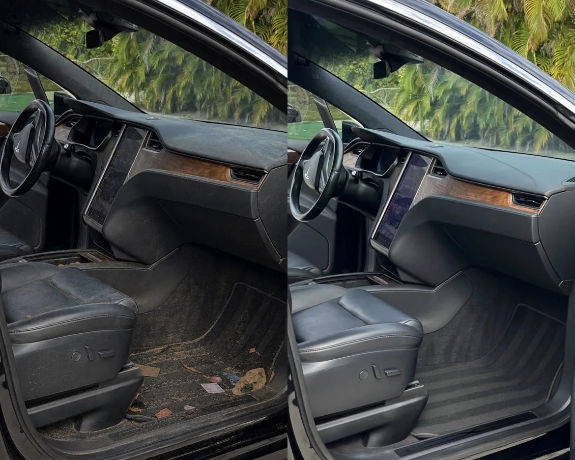 Before and after interior detailing on a Tesla Model X — mobile car detailing in West Palm Beach