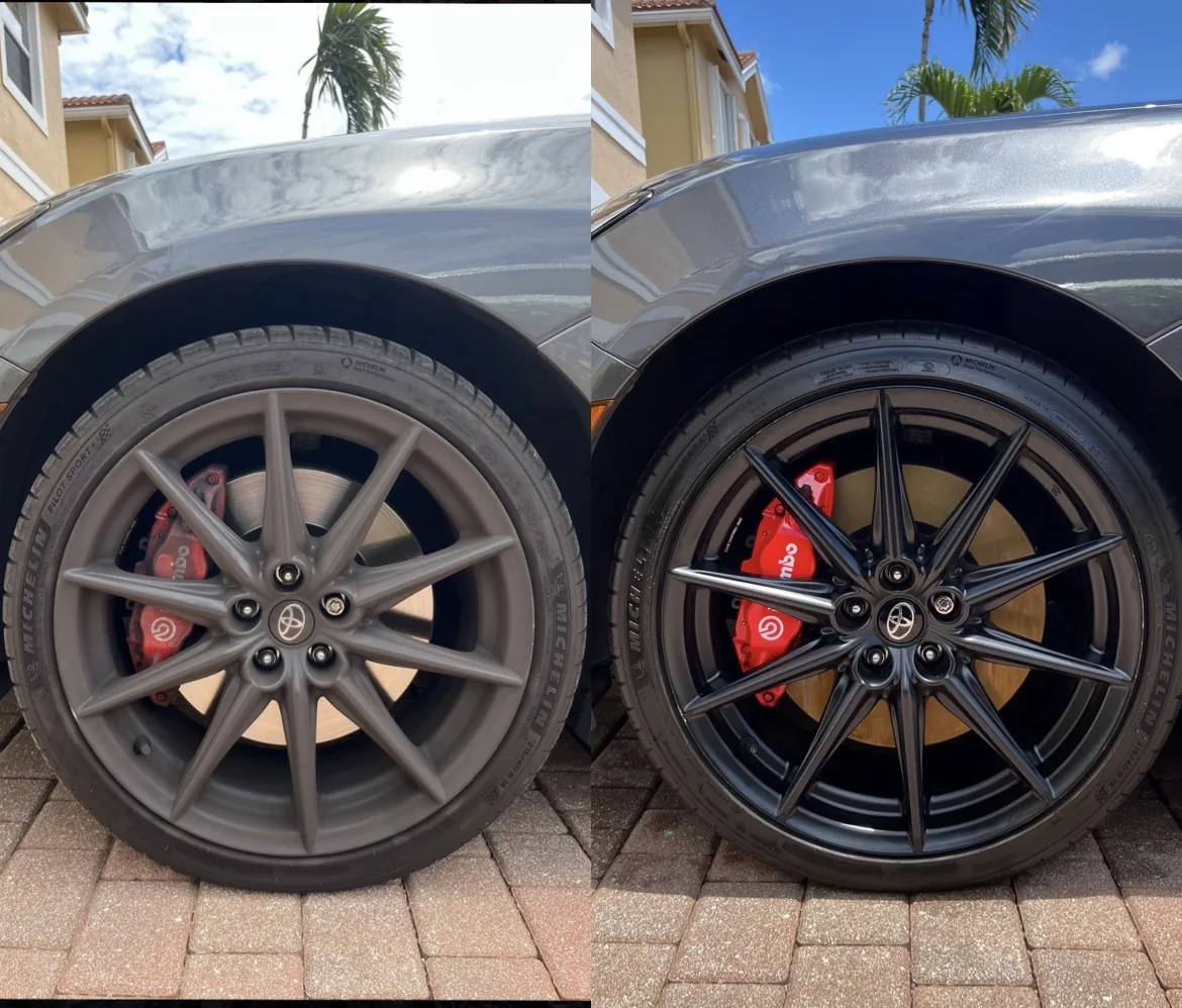 Before and after wheel detailing on a Toyota Supra — mobile car detailing in West Palm Beach